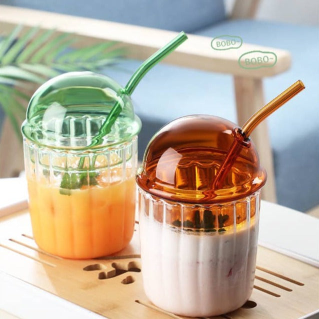 Domed Glass Cup  w/ Lid & Straw image 1