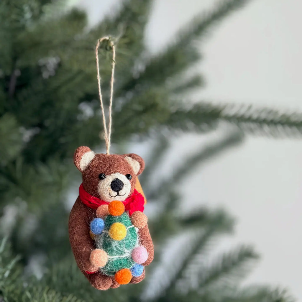 Felt Ornament - Brown Bear Holding Christmas Tree image 1