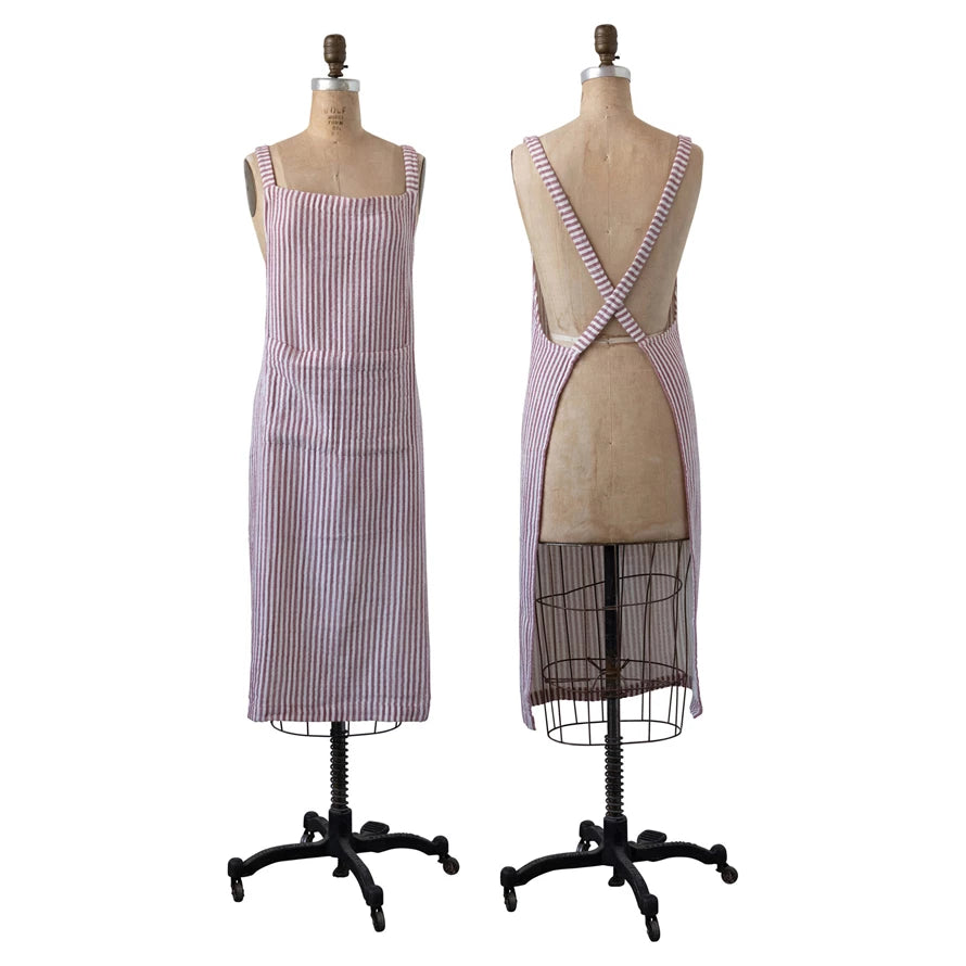Woven Cotton Striped Apron - Red image 2