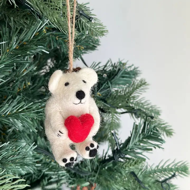 Felt Ornament - Mini Polar Bear Holding Heart image 0
