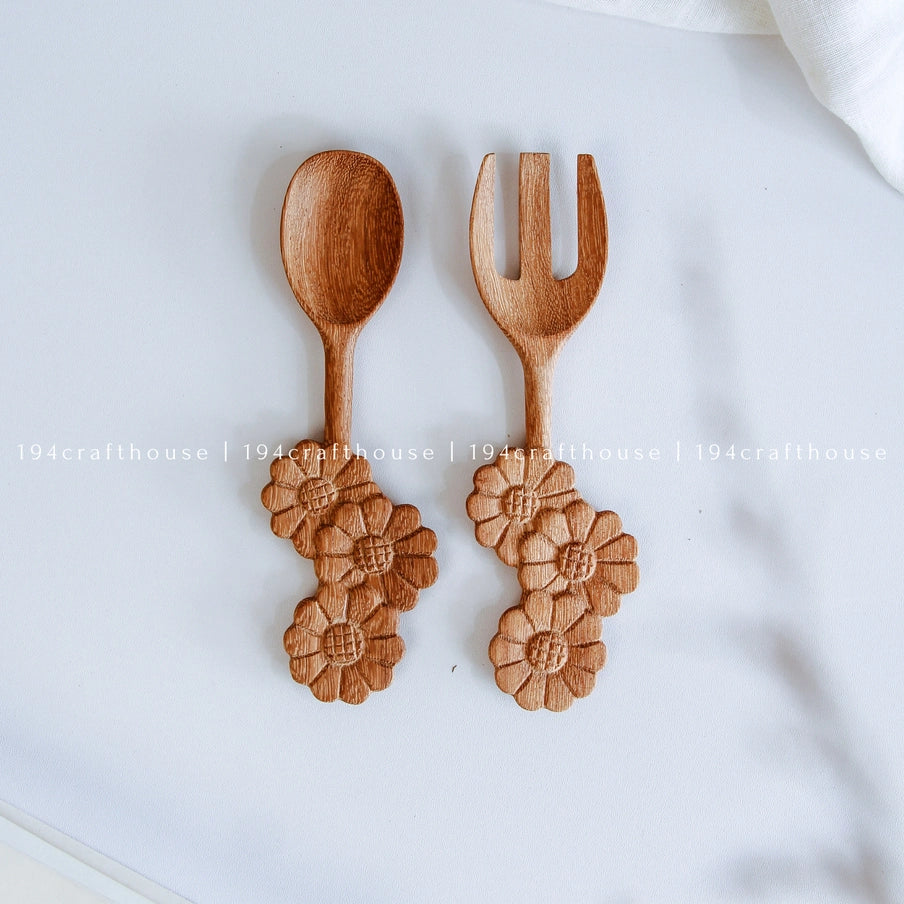 Three Flowers Wooden Spoon & Fork Set image 0