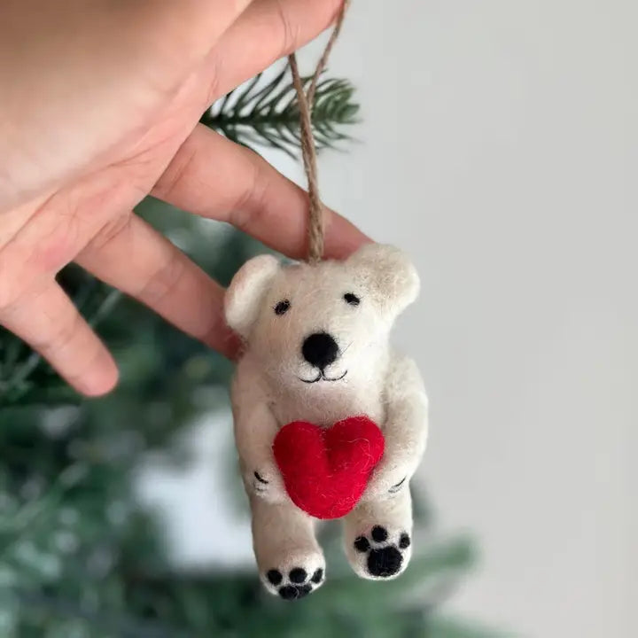 Felt Ornament - Mini Polar Bear Holding Heart image 1