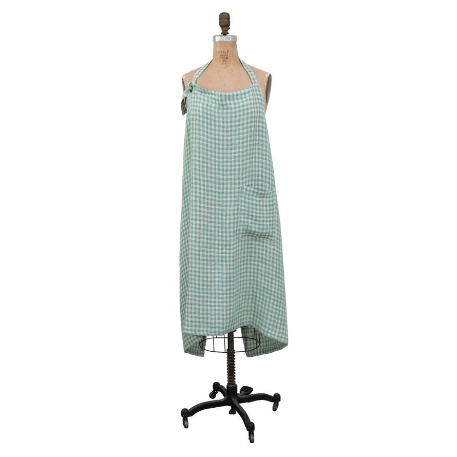 Woven Linen & Cotton Apron - Aqua Gingham image 0