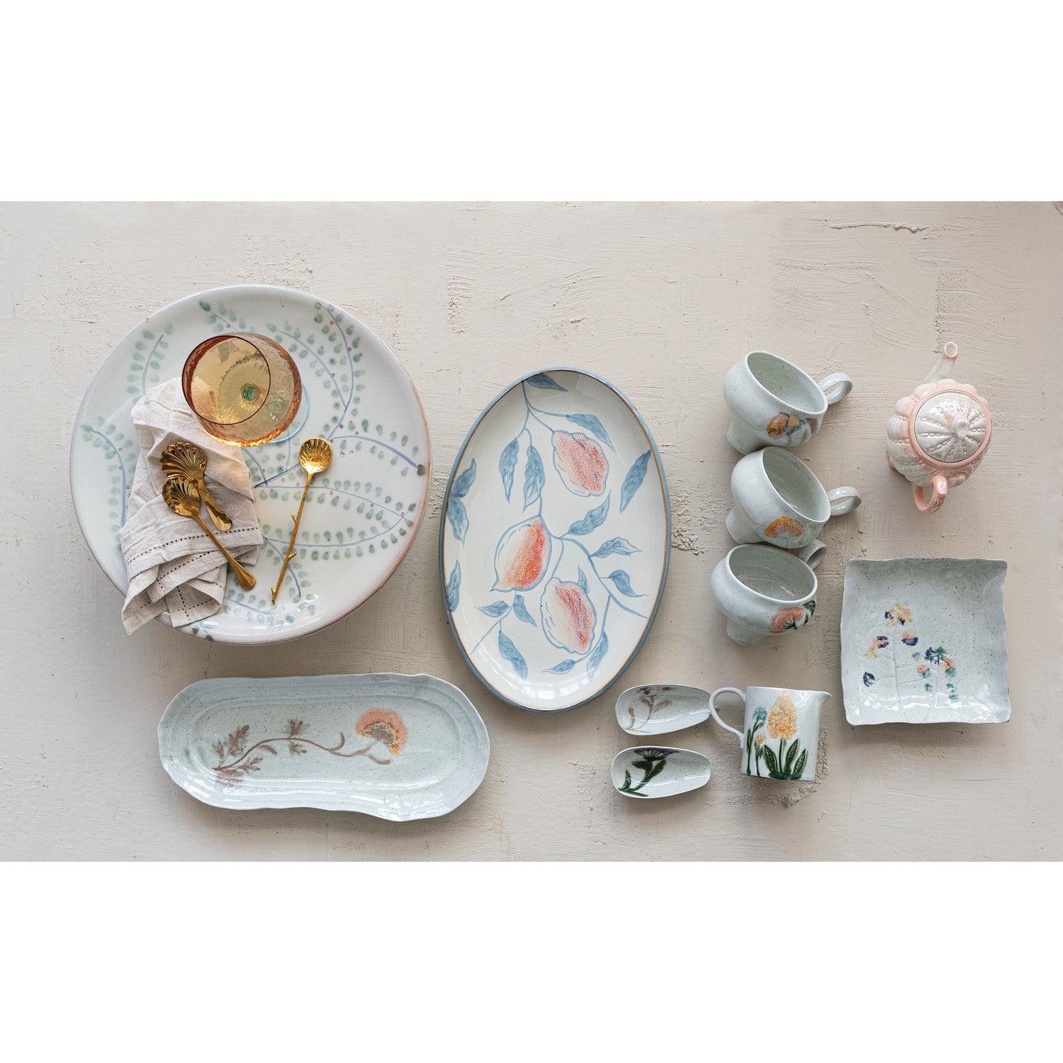 Hand-Painted Stoneware Dish with Flowers
