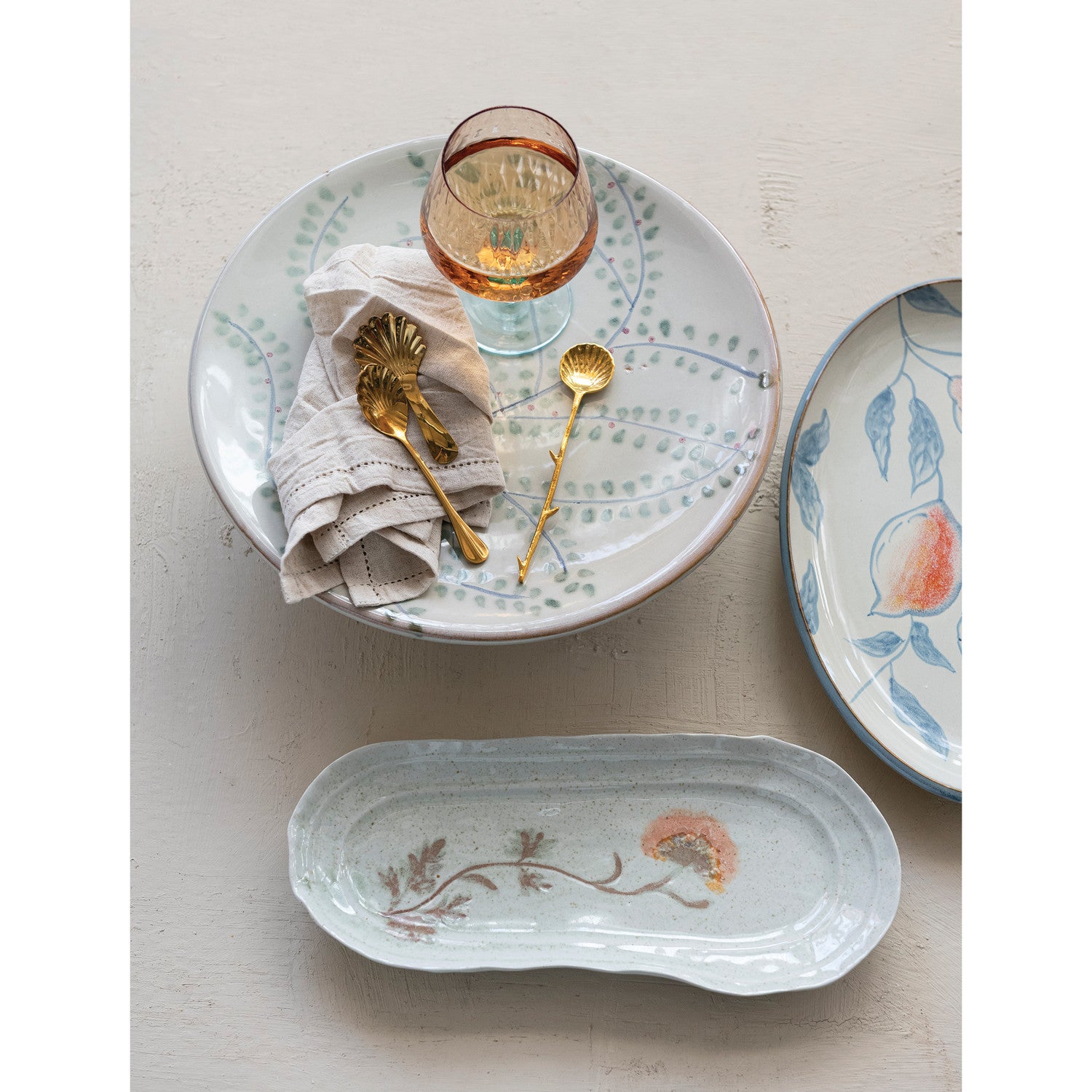 Hand-Painted Stoneware Organic Shaped Platter with Flowers