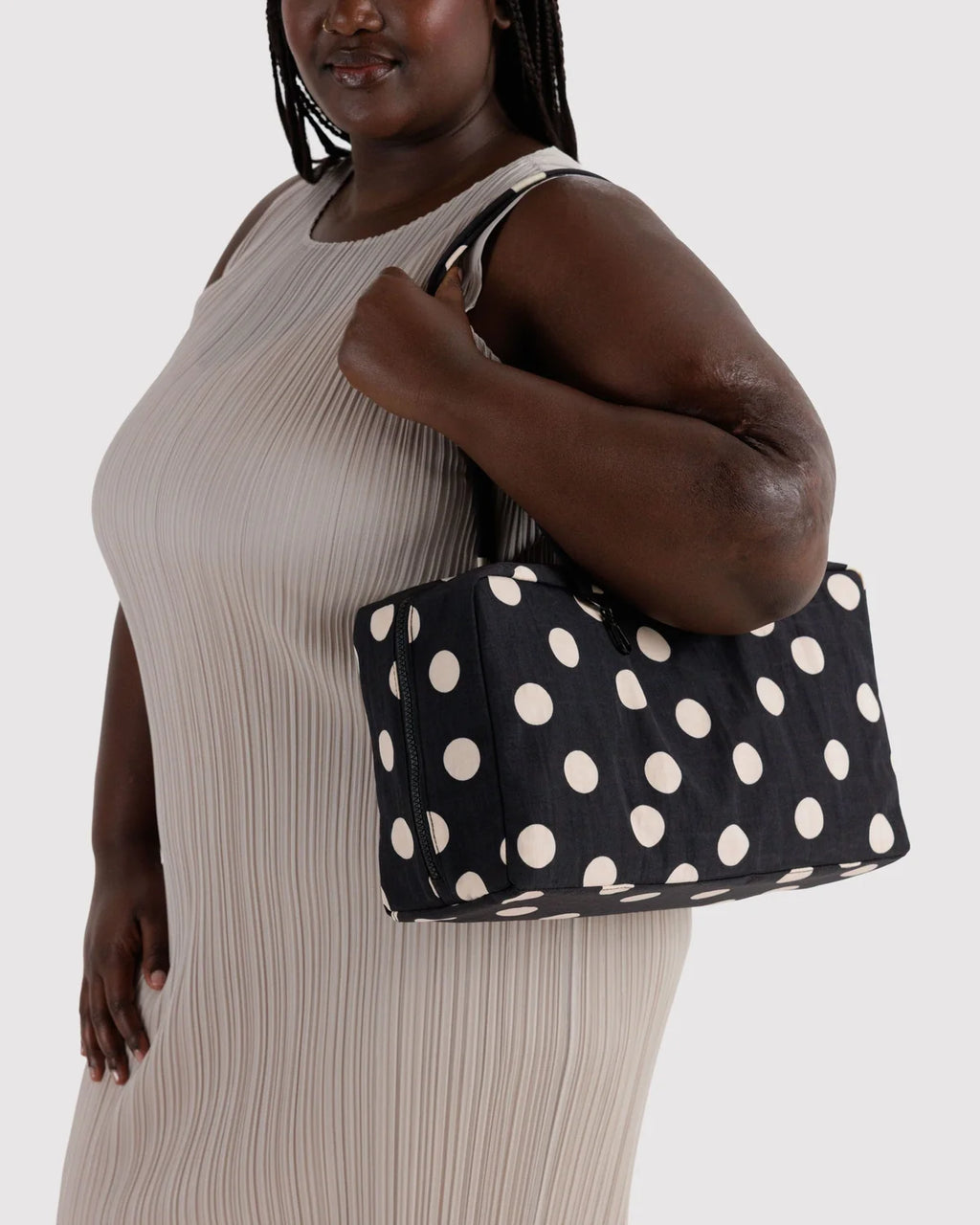 Medium Nylon Bowler Bag - Black and Cream Polka Dot