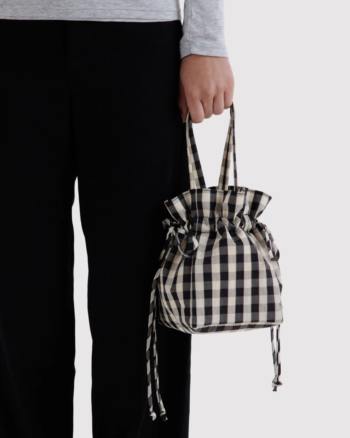 Nylon Drawstring Bag - Black and Cream Gingham