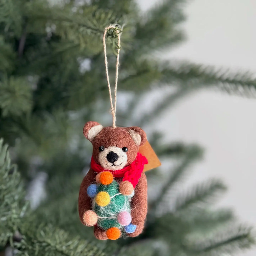Felt Ornament - Brown Bear Holding Christmas Tree image 0