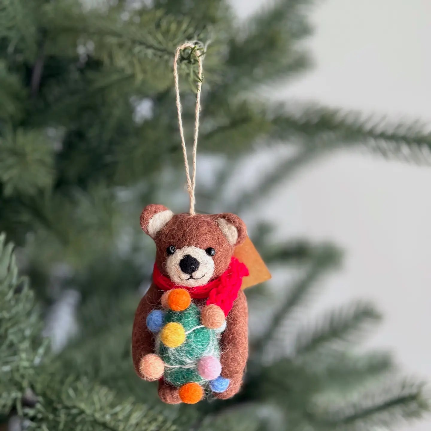 Felt Ornament - Brown Bear Holding Christmas Tree image 0