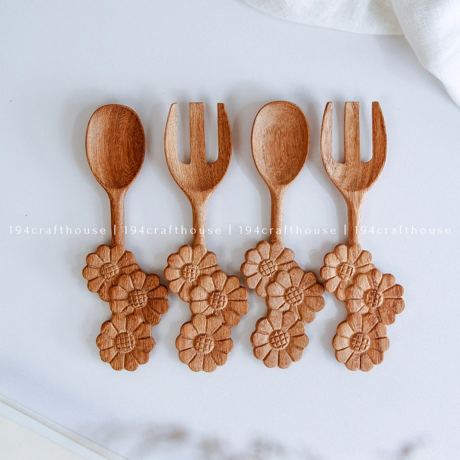 Three Flowers Wooden Spoon & Fork Set image 1