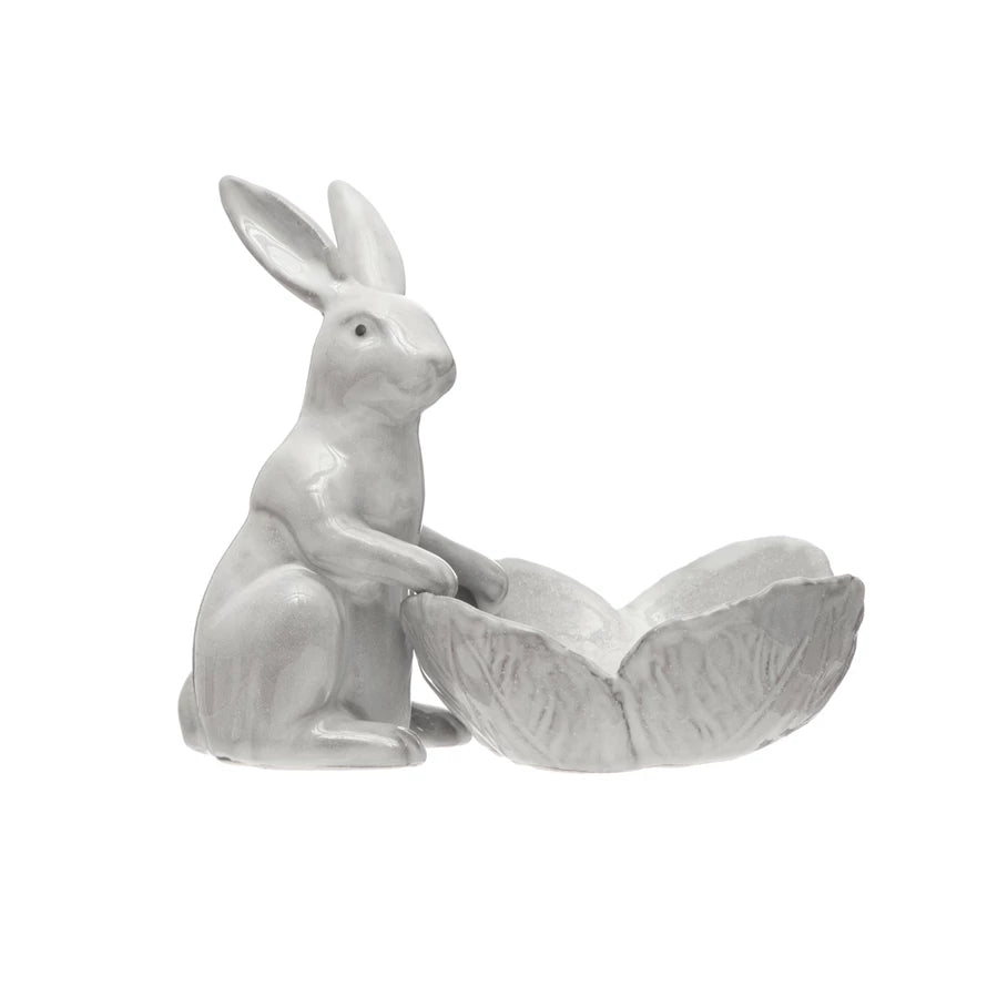 Stoneware Rabbit with Flower Shaped Bowl image 0