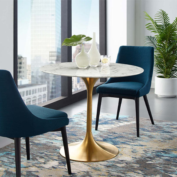 Lippa 36" Round Artificial Marble Dining Table Gold White image 0