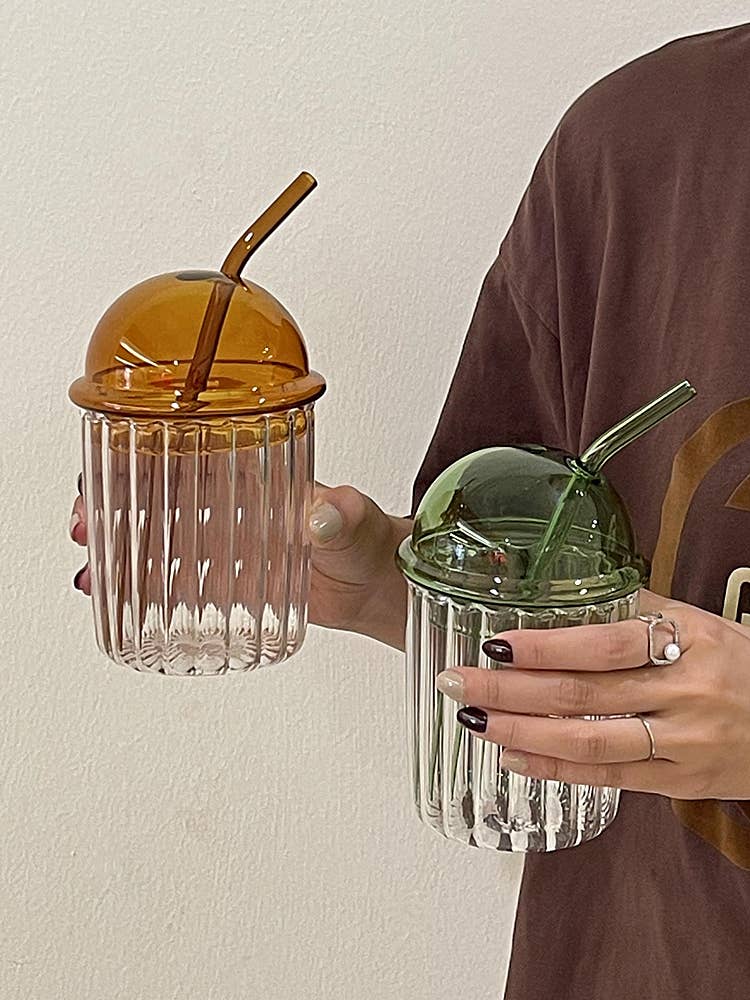 Domed Glass Cup  w/ Lid & Straw image 3